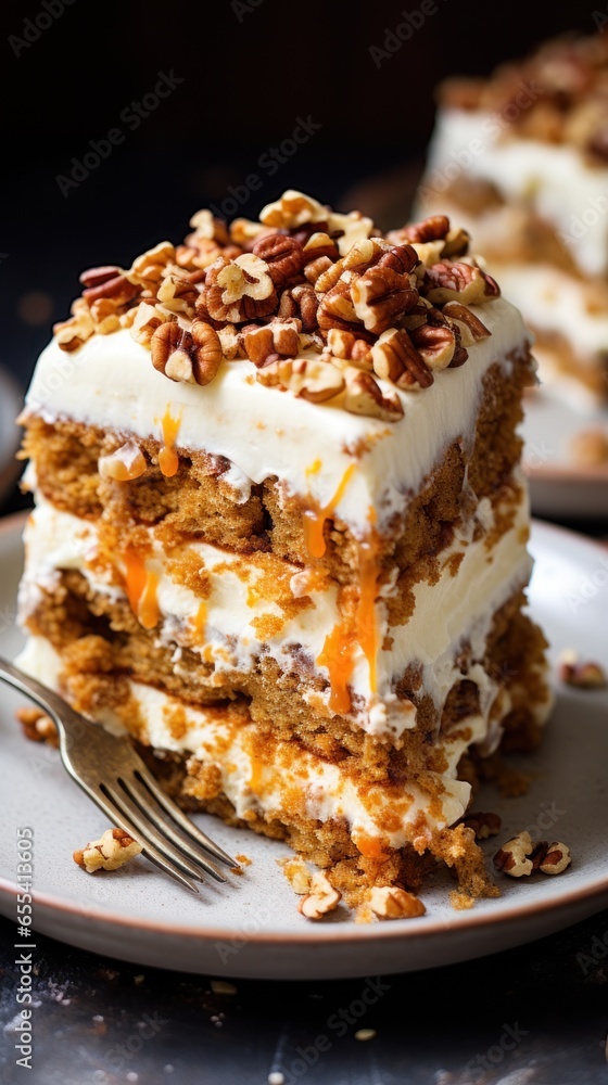 Moist carrot cake with cream cheese frosting and chopped pecans