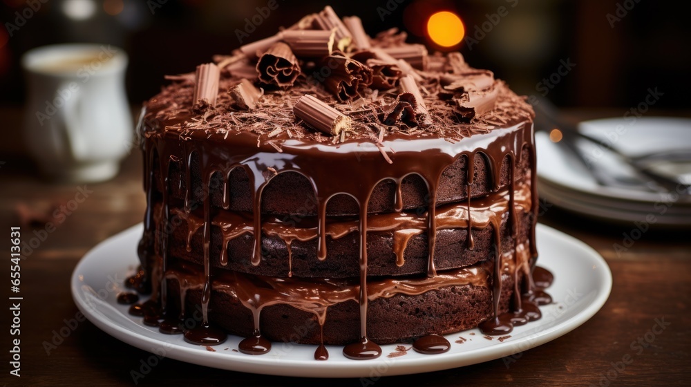 Towering chocolate fudge cake with chocolate frosting and chocolate curls