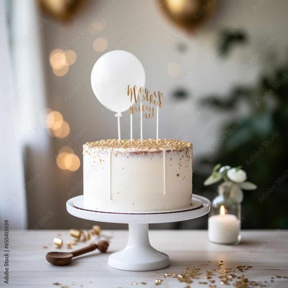 Minimalist white cake with gold happy birthday topper