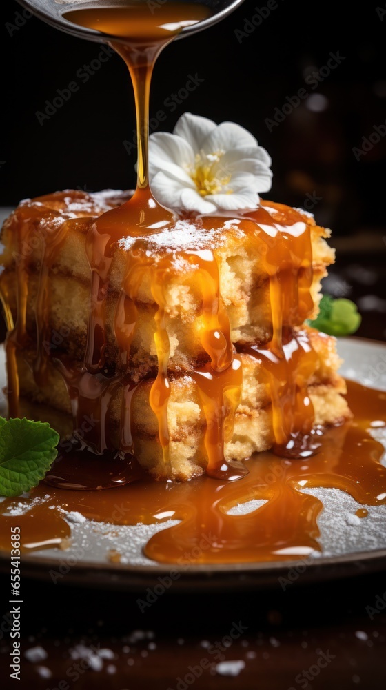 Gooey caramel cake drizzled with caramel sauce and sea salt