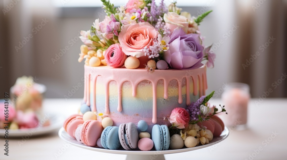 Pastel rainbow cake with macarons and flowers