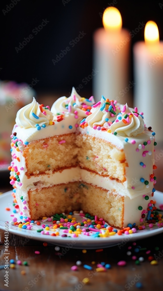 Colorful funfetti cake topped with vanilla buttercream and sprinkles