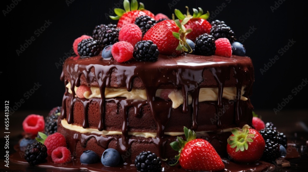 Decadent chocolate cake with drippy ganache and fresh berriesz