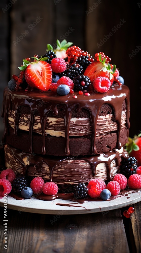 Decadent chocolate cake with drippy ganache and fresh berriesz