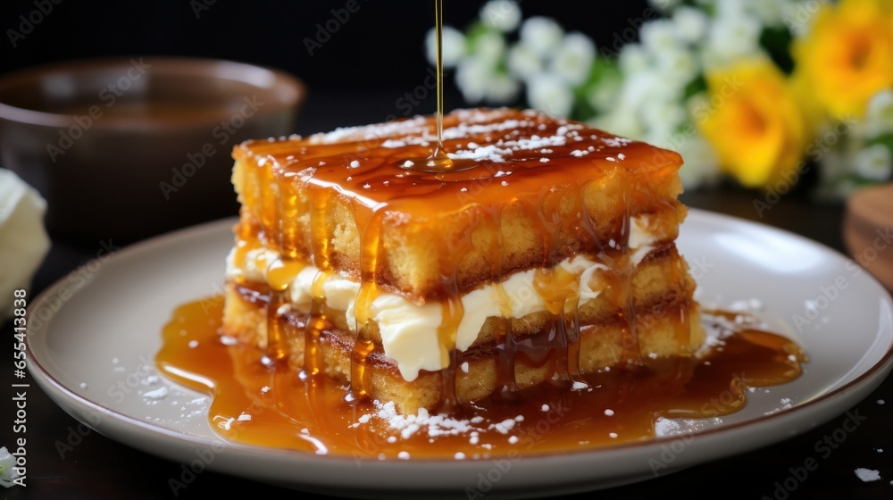 Gooey caramel cake drizzled with caramel sauce and sea salt