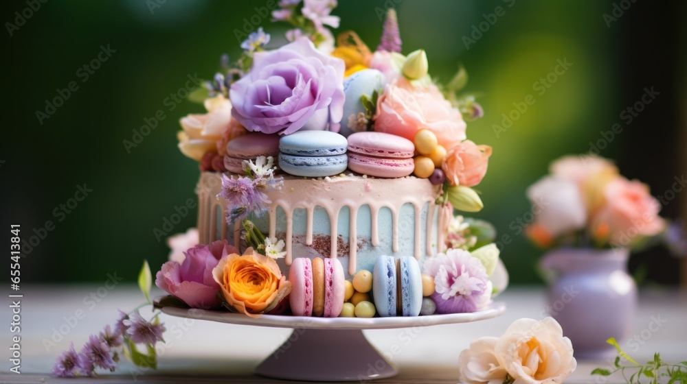 Pastel rainbow cake with macarons and flowers