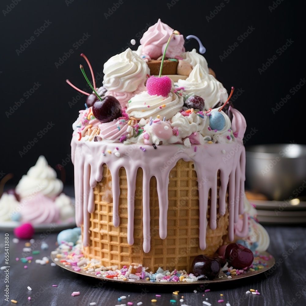 Playful ice cream cone cake with sprinkles and cherrie