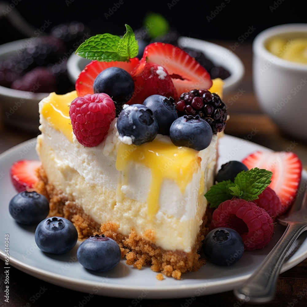 Rich and creamy cheesecake with graham cracker crust and fruit topping