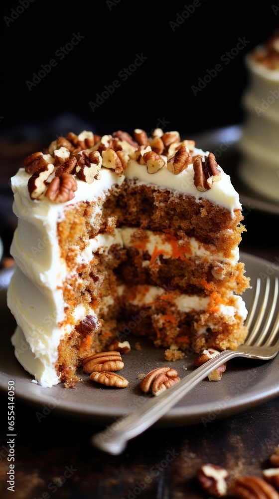 Moist carrot cake with cream cheese frosting and chopped pecans