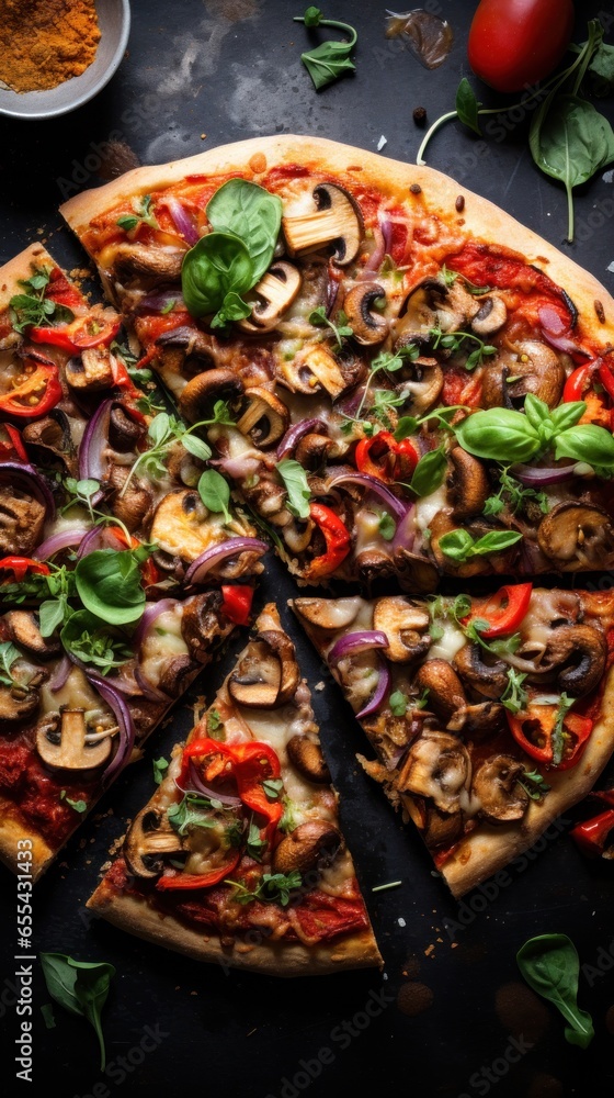 Vegan pizza. cheesy, crispy, and veggie-loaded