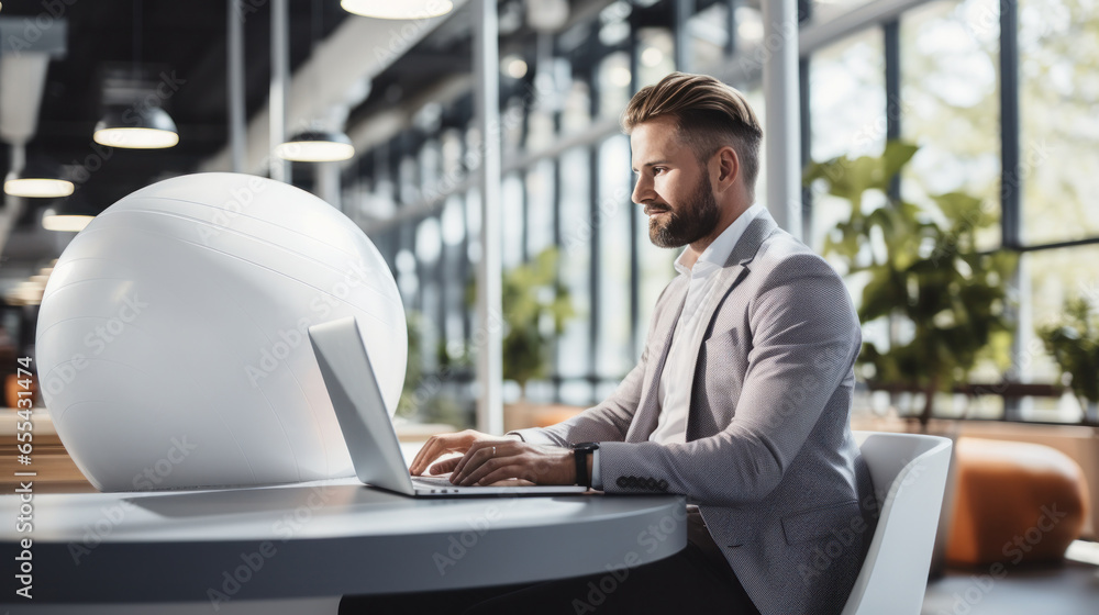 Man working on laptop while sitting on exercise ball