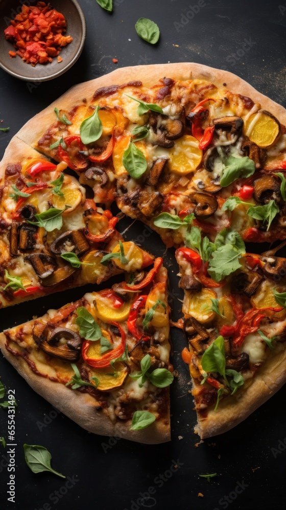 Vegan pizza. cheesy, crispy, and veggie-loaded