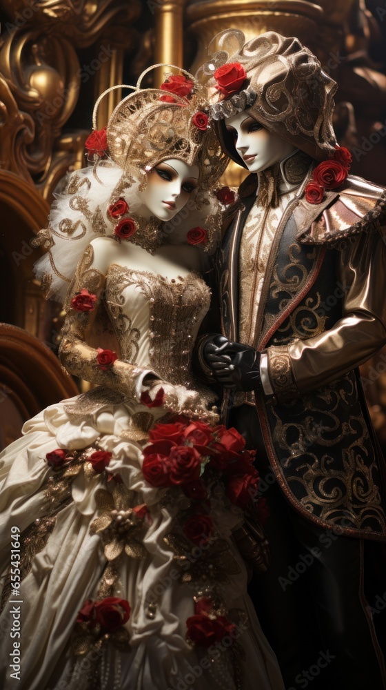 Masquerade ball at Venice Carnival with ornate masks and costumes