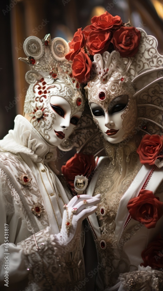 Masquerade ball at Venice Carnival with ornate masks and costumes