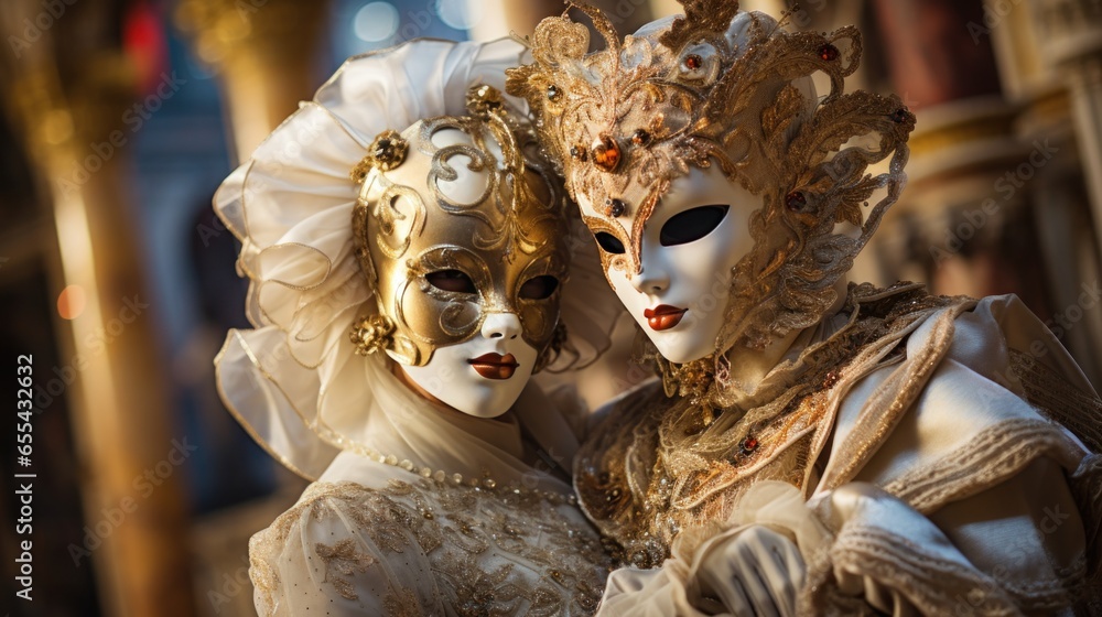 Masquerade ball at Venice Carnival with ornate masks and costumes