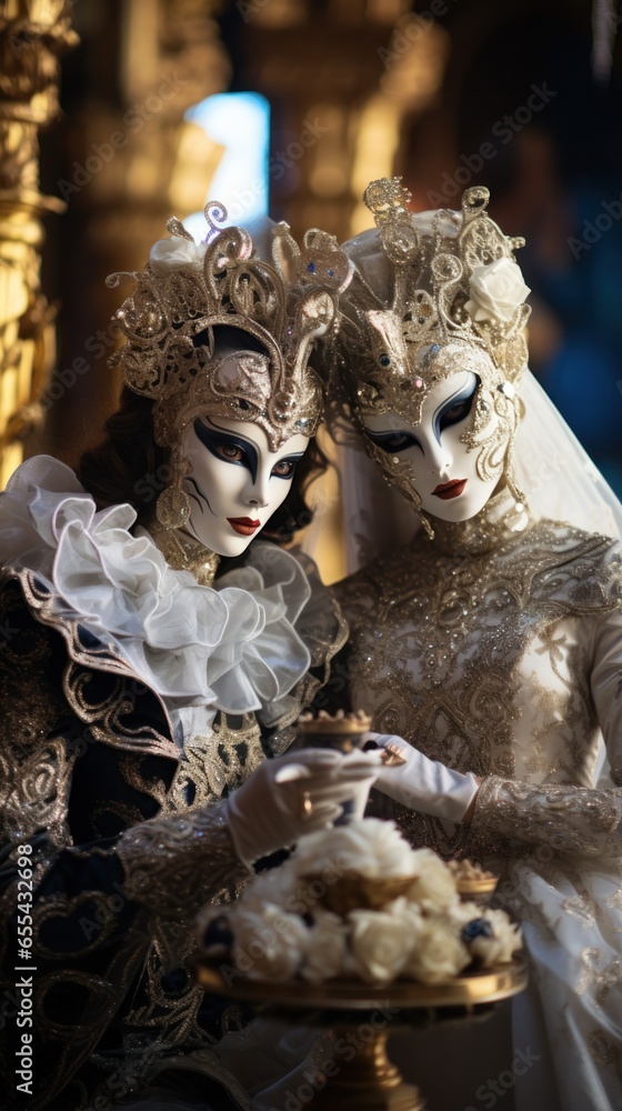 Masquerade ball at Venice Carnival with ornate masks and costumes