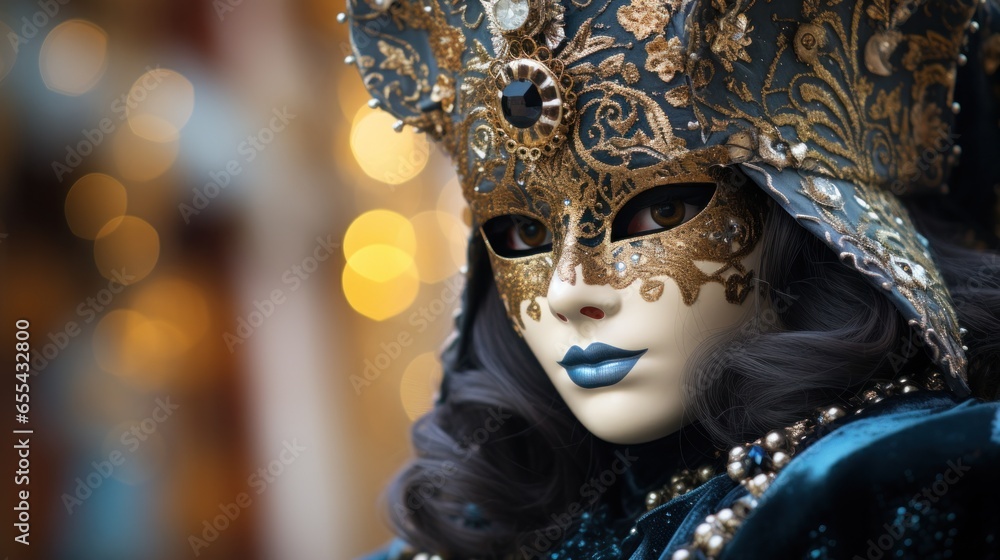 Masquerade ball at Venice Carnival with ornate masks and costumes