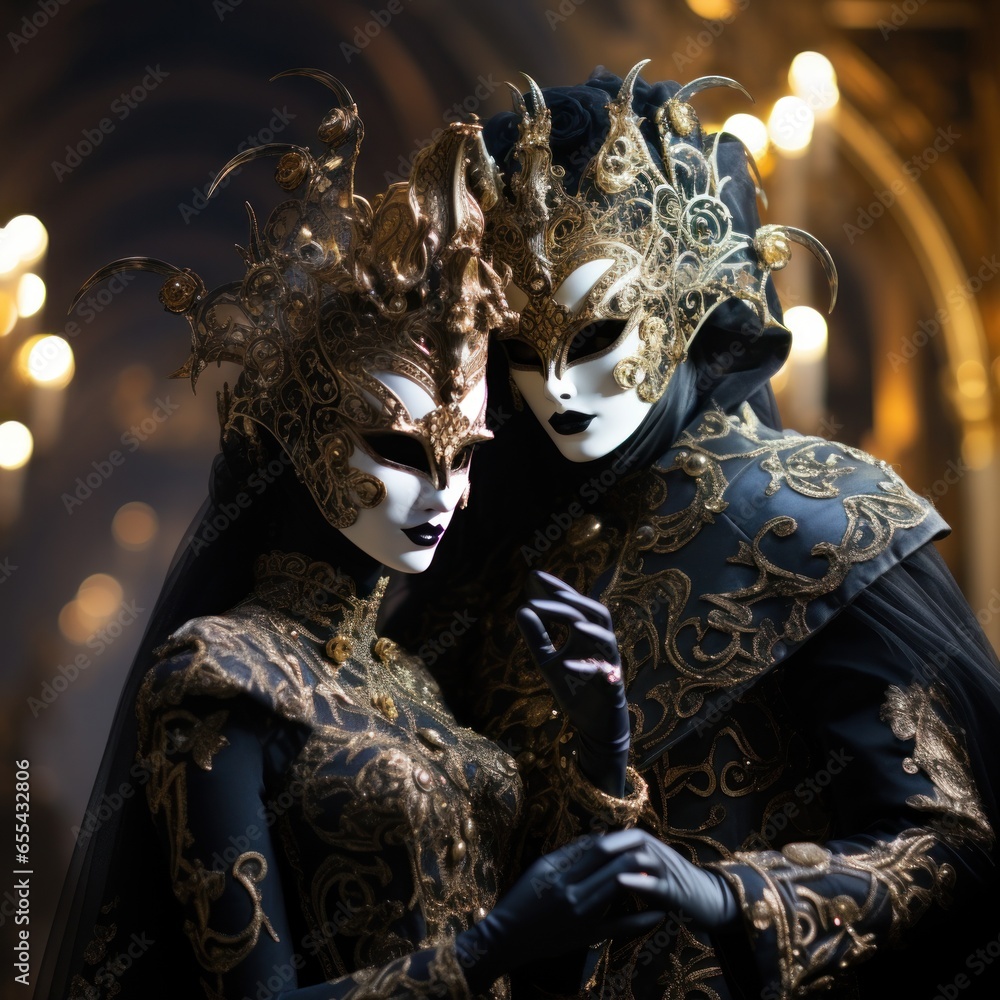 Masquerade ball at Venice Carnival with ornate masks and costumes