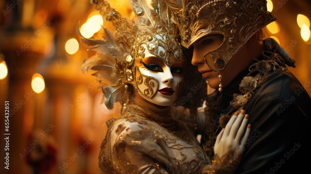 Masquerade ball at Venice Carnival with ornate masks and costumes