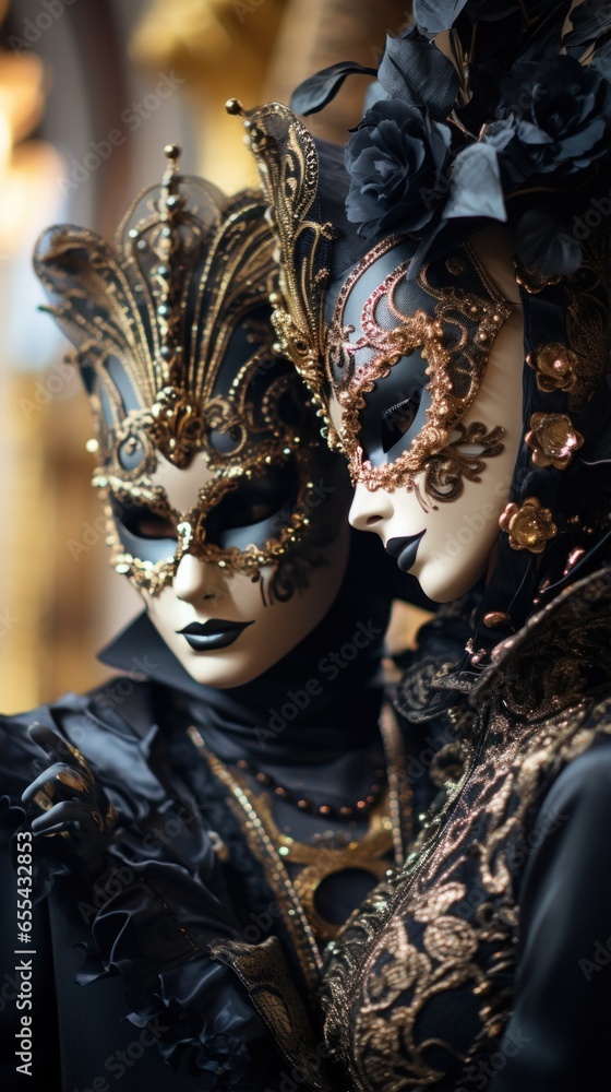 Masquerade ball at Venice Carnival with ornate masks and costumes