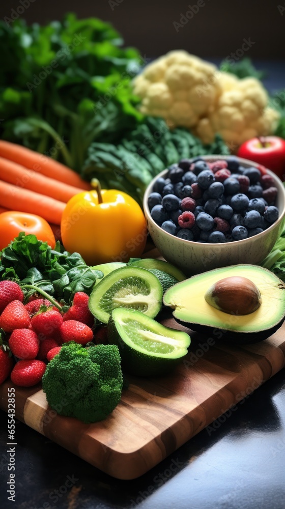 Fresh fruits and vegetables on a cutting board