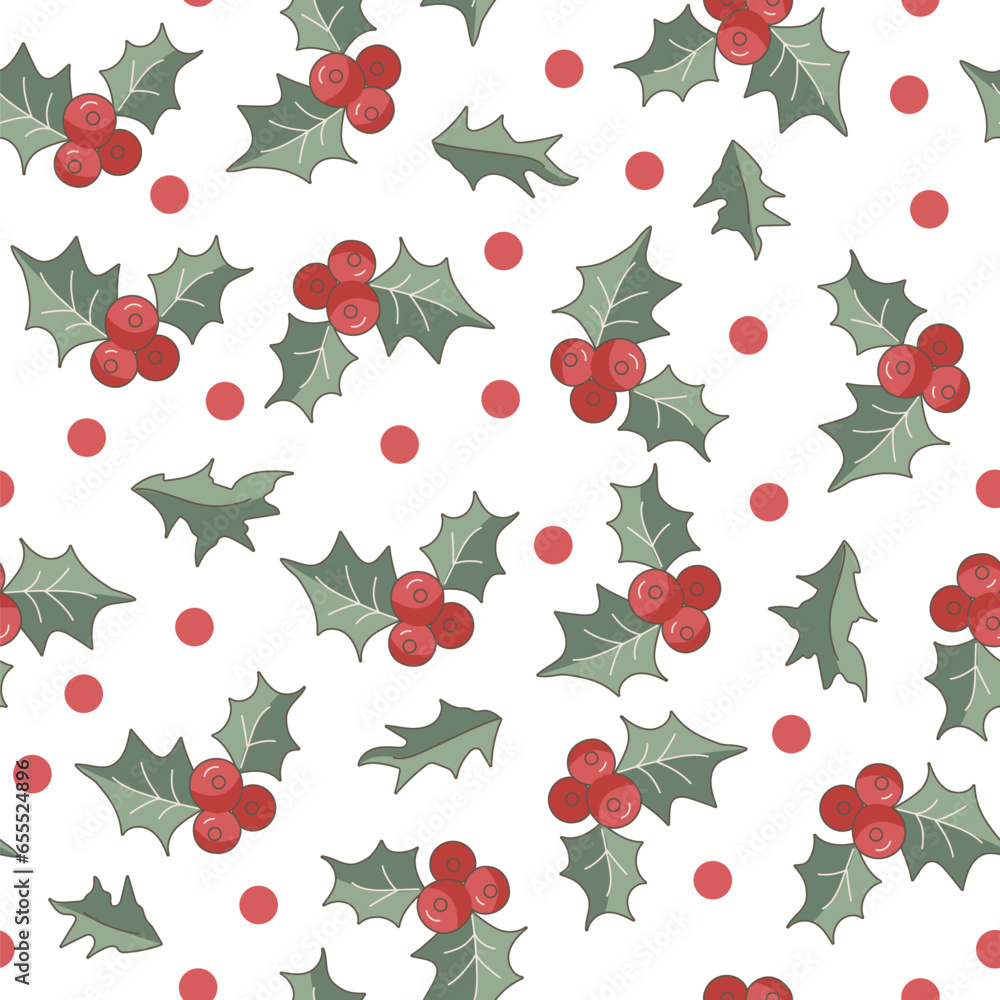 Christmas and New Year seamless pattern with holly. Vector illustration.