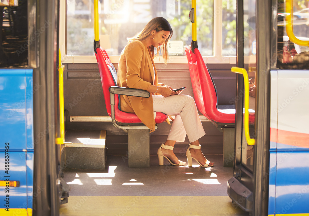 Woman in bus, sitting and typing on smartphone for social media, email and and travel on urban commute. Public transport, service and drive, girl with phone reading schedule or agenda on road to work