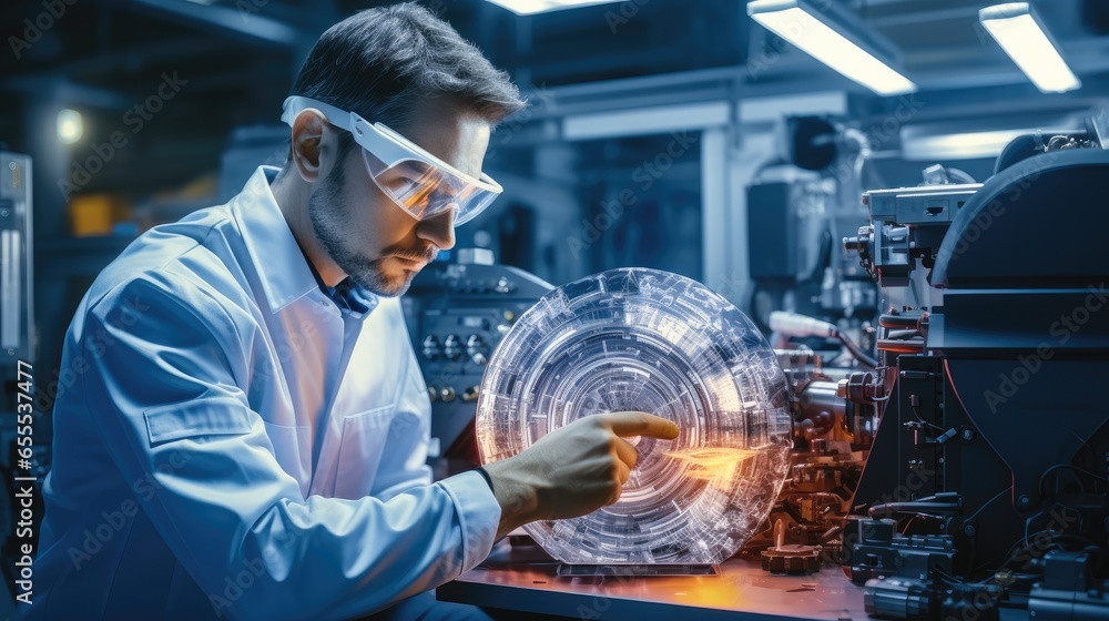 Professional Engineer works with holographic projection 3D model of the engine turbine prototype in high tech futuristic factory.