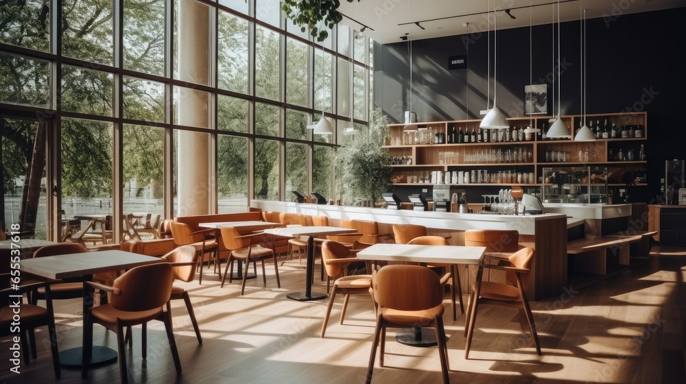 Interior of luxury cafe in the city with plenty of natural light entering from the big windows.