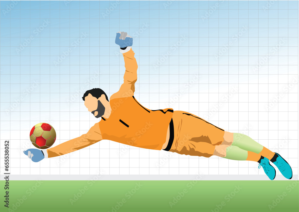 Soccer player goalkeeper catching ball silhouette.