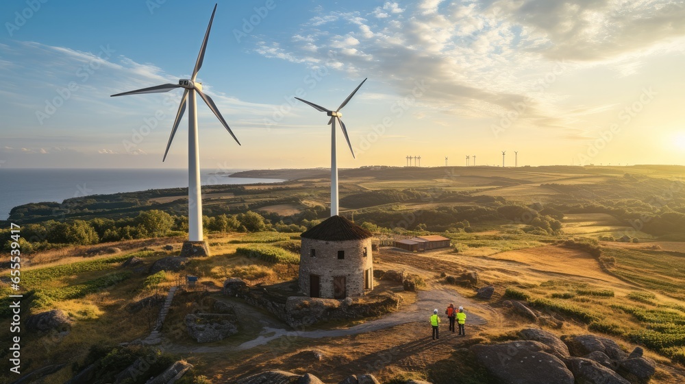 Maintenance engineer team working in wind turbine farm, Alternative energy for future, Aerial high view.