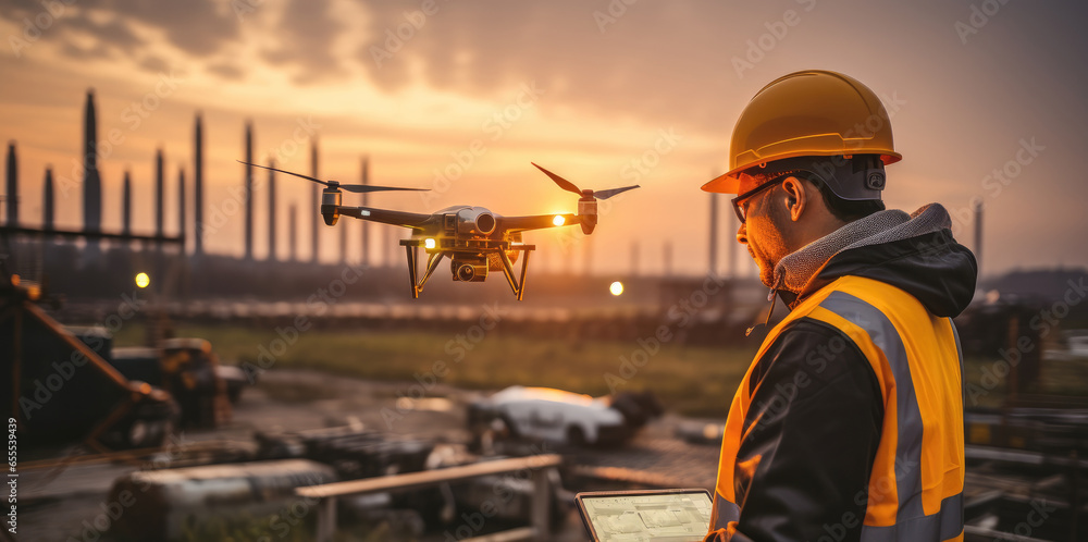 Engineer flying drone surveying and checking wind turbines field during sunset, Future electrical production, Clean energy.