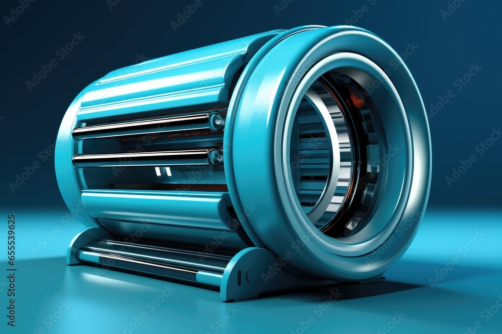 Rolling shutter 3D model on blue background.