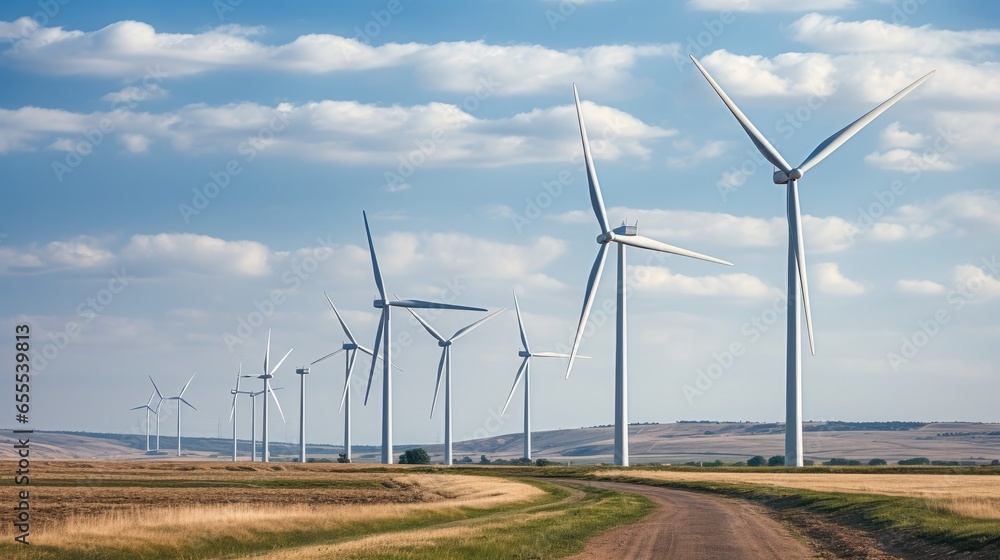 Row of wind turbines, Sustainable power is the future, Renewable energy.