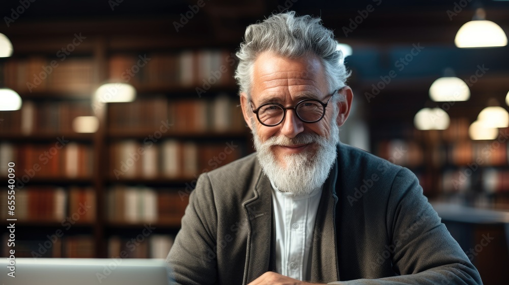 Senior man studying with laptop in library.