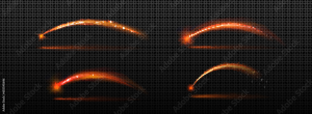 Shooting star with red glowing arc trail. Realistic vector illustration of curved circular luminous beam with sparkles and steam. Neon flare and twinkle line with glitter particles and overlay effect.