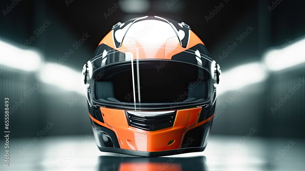 Racer helmet on asphalt, karting sport concept. Generative Ai