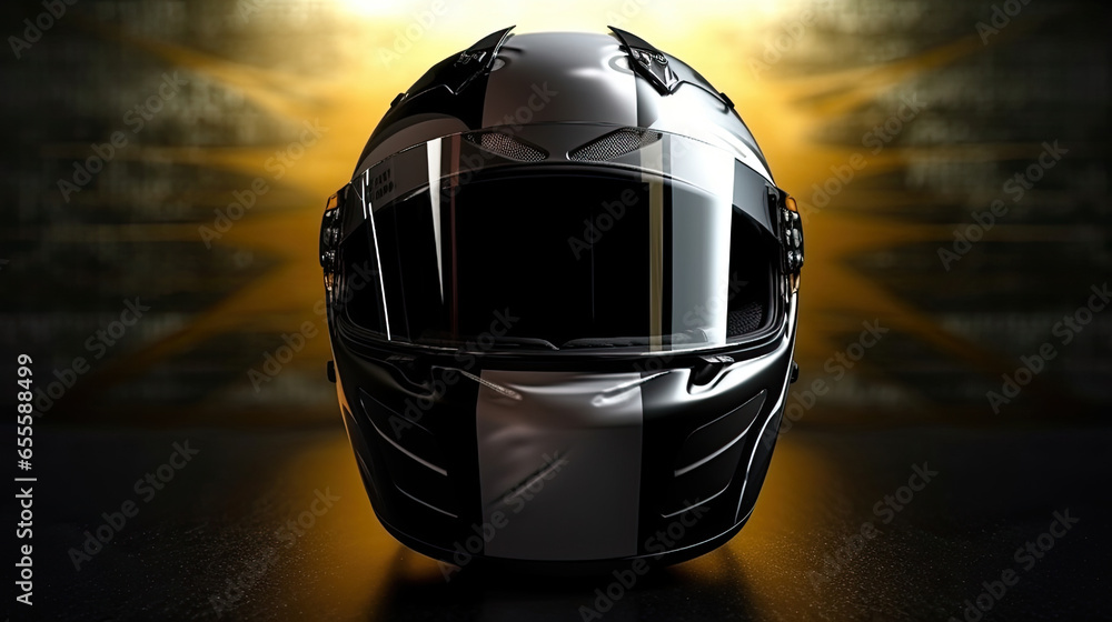 Racer helmet on asphalt, karting sport concept. Generative Ai