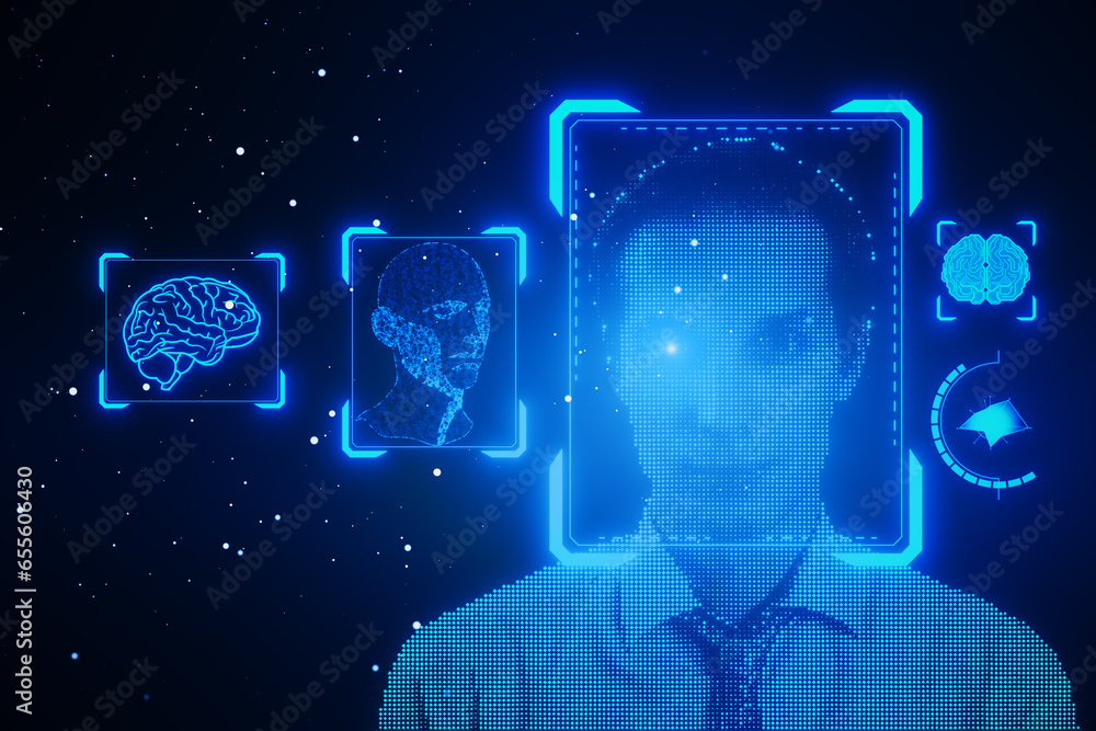 Man with face recognition hologram on blurry blue background. Face ID and password concept.