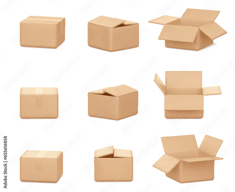 3d cardboard box icon set standing front view isolated on white background. realistic vector