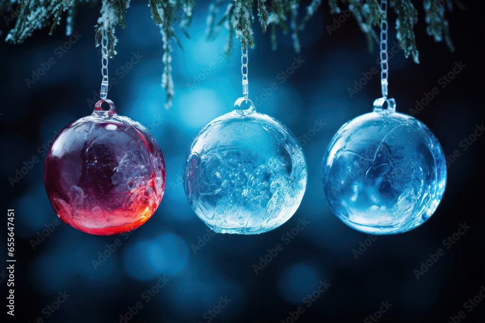 Frosted Christmas baubles, icy glass balls