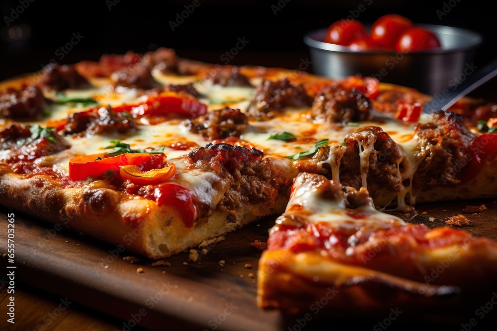 Sicilian pizza: Thick, fluffy crust, robust tomato sauce, layers of melted cheeses, spicy Italian sausage, roasted bell peppers, and caramelized onions