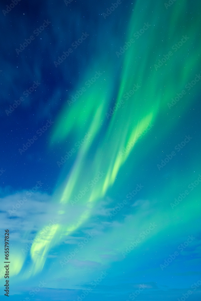 Sky background with northern lights. Aurora borealis. Northern lights as a background. Night winter landscape with aurora. Natural background.