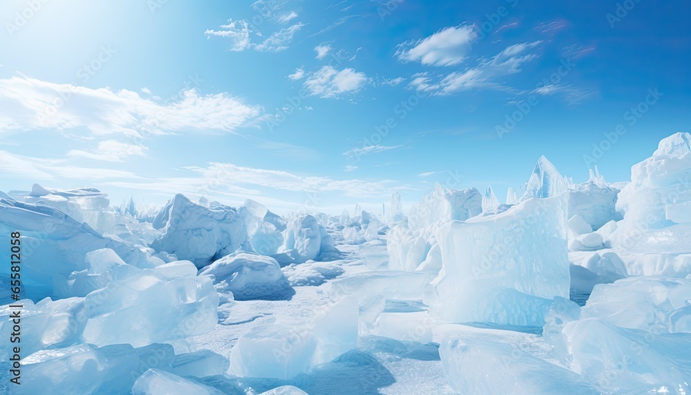 Chunks of ice and snow under clear blue sky.