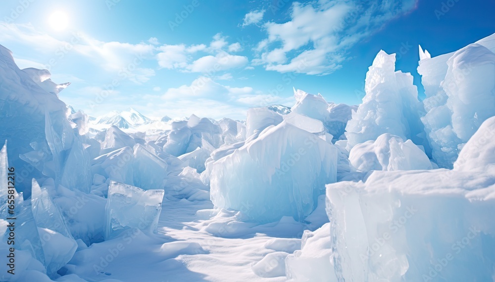 Chunks of ice and snow under clear blue sky.