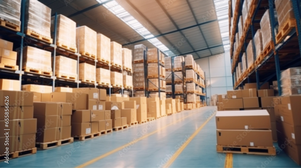 Warehouse smart logistics rows tall shelves full boxes products, Huge distribution warehouse, industrial companies, global network distribution transportation, Innovation future transport, Image blur