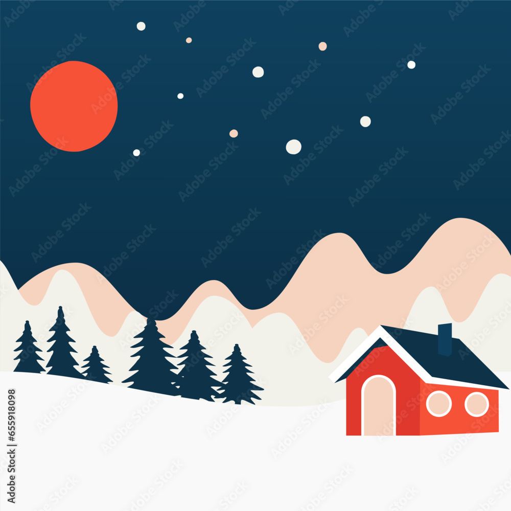 Winter snow Christmas  landscape background. Flat Vector illustration.