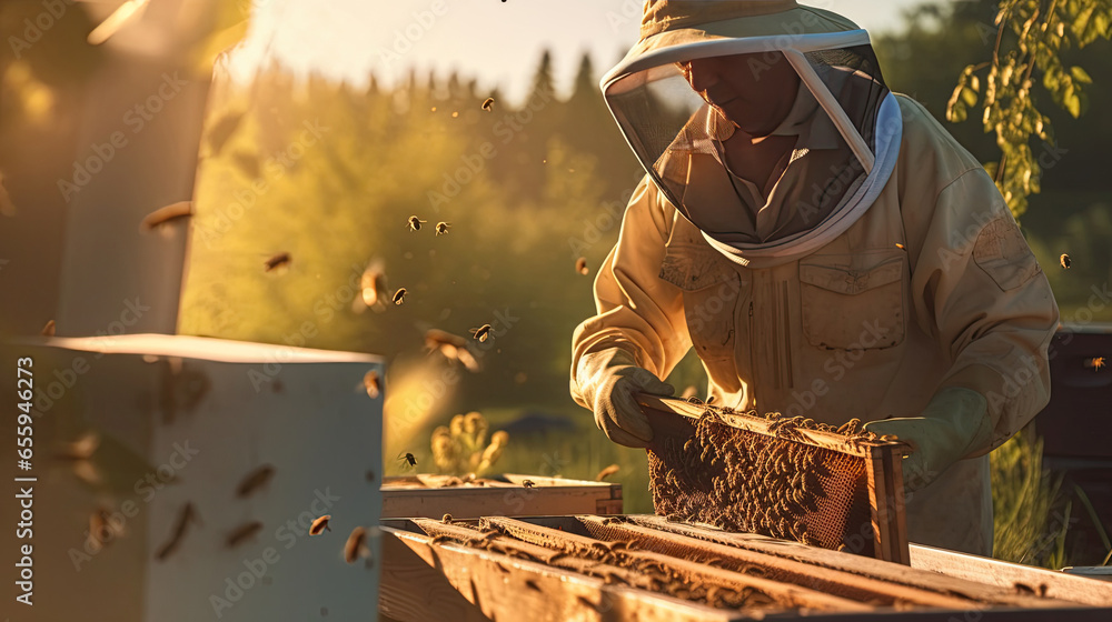 a Beekeeper is working with bees in apiary. Generative Ai