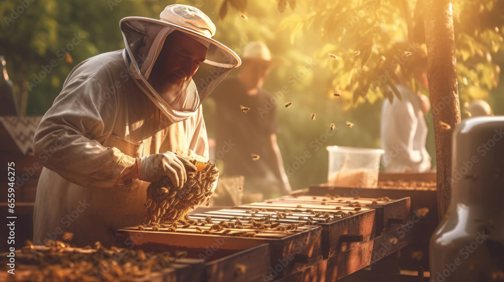 a Beekeeper is working with bees in apiary. Generative Ai