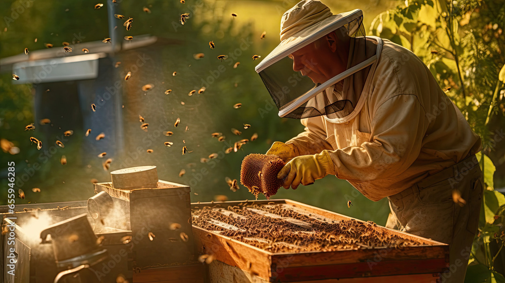 a Beekeeper is working with bees in apiary. Generative Ai